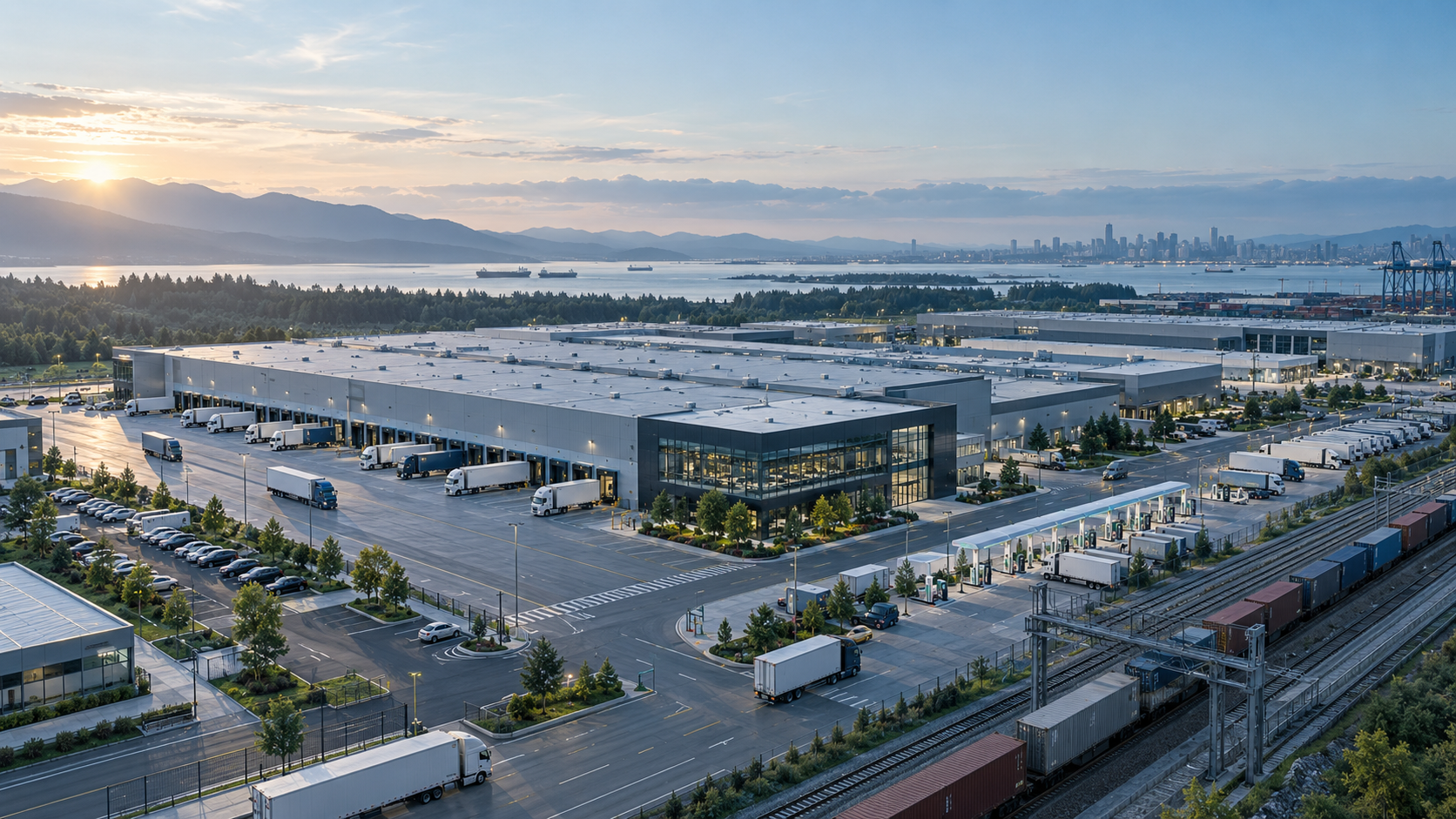 An integrated industrial mobility campus connecting facilities, fleet parking, charging, rail, and port infrastructure